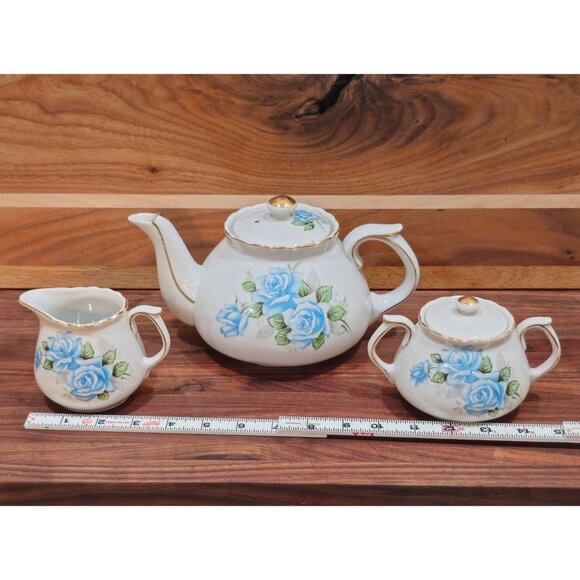 Vintage Blue Rose Shafford China Porcelain Tea Set - Teapot Sugar Bowl & Creamer - Picture 3 of 11